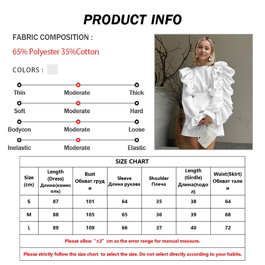 Oymimi Fashion Loose White Cotton 2 Piece Sets Women Outfit Elegant Ruffle Long Sleeve Girdle Single Breasted Mini Dress Set