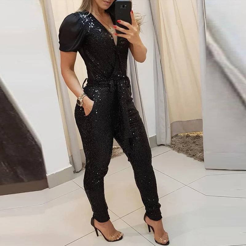 Elegant Women Glitter Belt Party Romper Casual Short Sleeve V-neck Lady Overall Playsuit Fashion Shiny Patchwork Sequin Jumpsuit