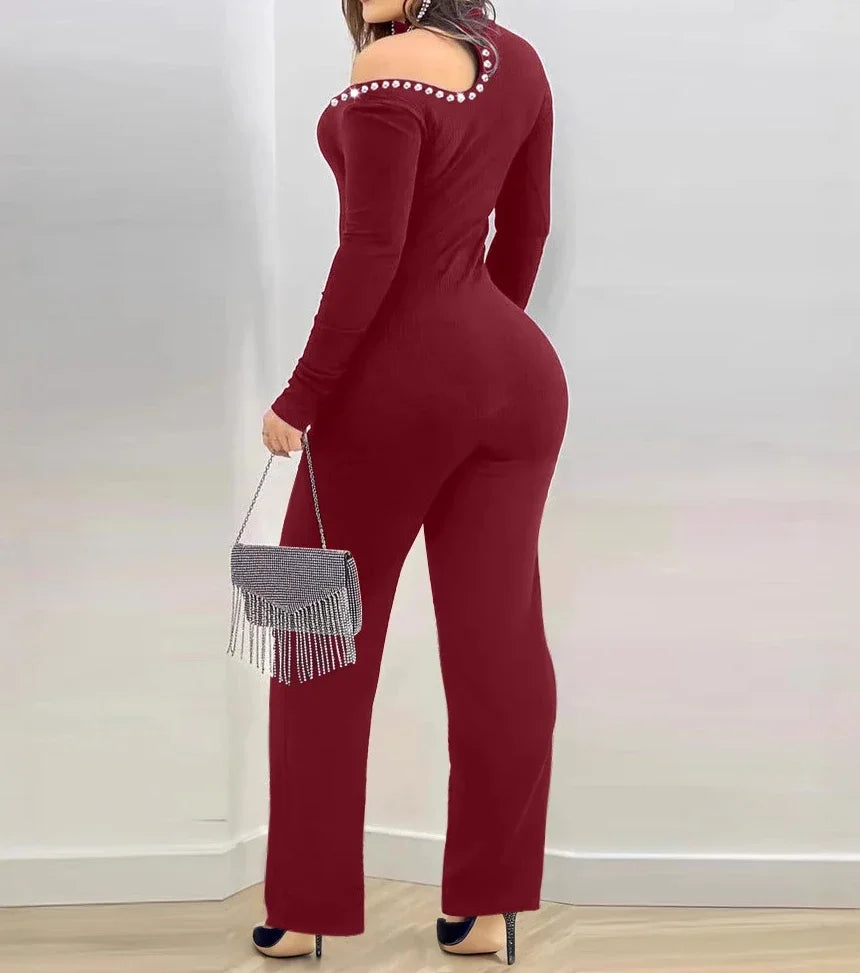 Sexy Jumpsuit for Women Fashion Casual Rhinestone Cold Shoulder High Neck Jumpsuit Long Sleeve Slim Flared Jumpsuits 2025 Spring