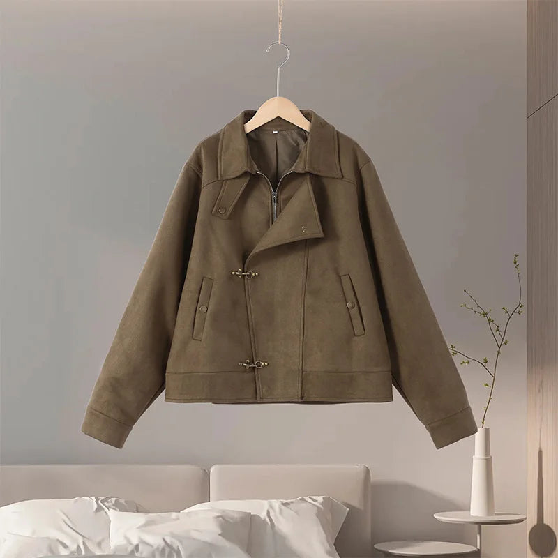 Elegant Metal Button Asymmetric Coat With Turn Down Collar for Women
