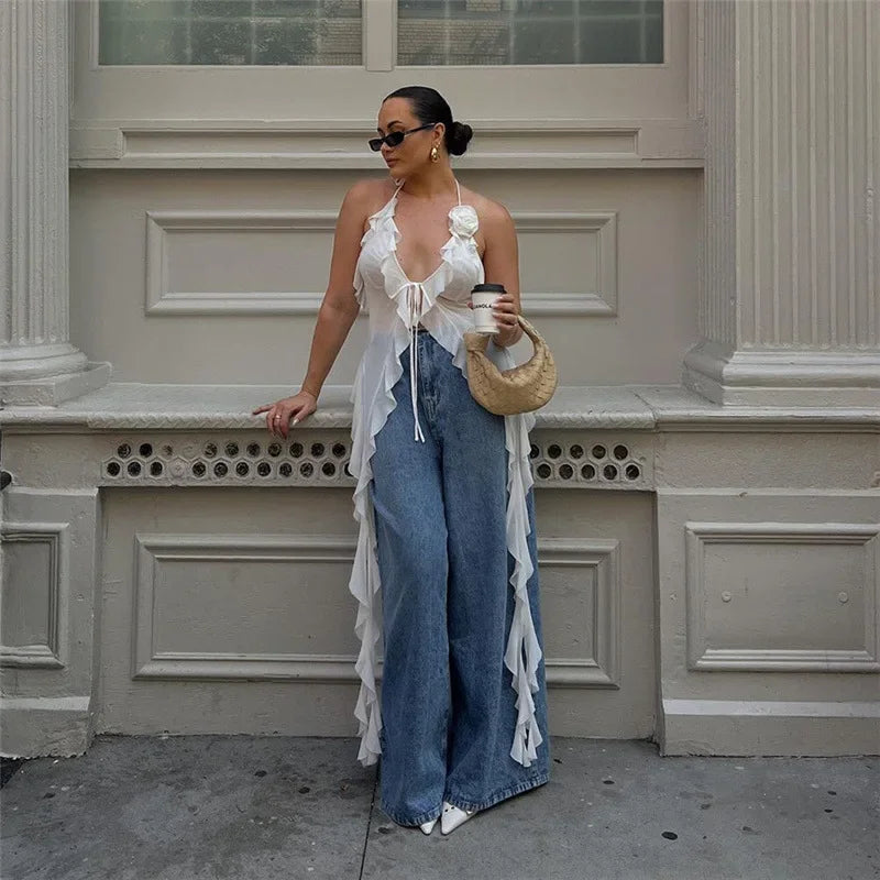 Y2K Sheer Mesh Spaghetti Strap Camisole Top White Ruffle Fringe Halter Tops Coquette Fairy Core Clothes 2024 Fashion