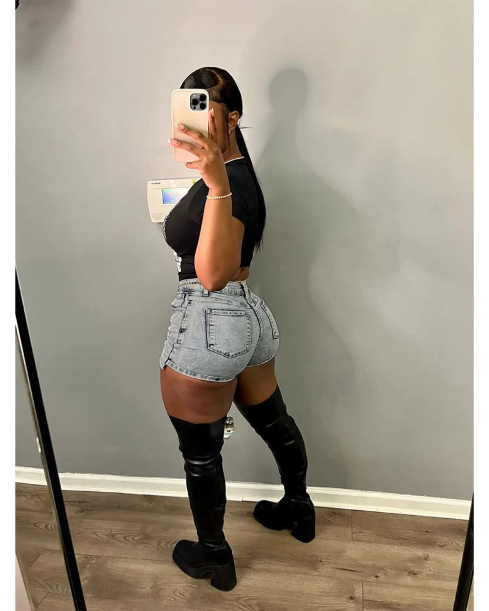 FAGADOER Y2k Denim Shorts Women Pleated Skirt Shorts Summer Stretchy Casual Shorts Retro 90s Fashion Streetwear Short Pants