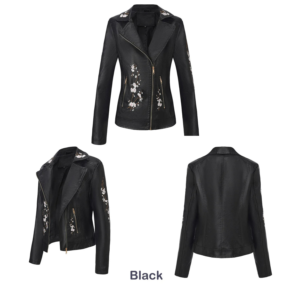 Embroidered Faux Leather Motorcycle Jacket for Women