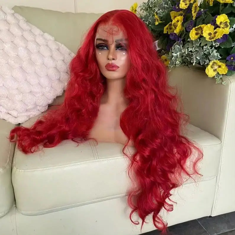 Bright Red Body Wave Heat Resistant Lace Front Wig for Women