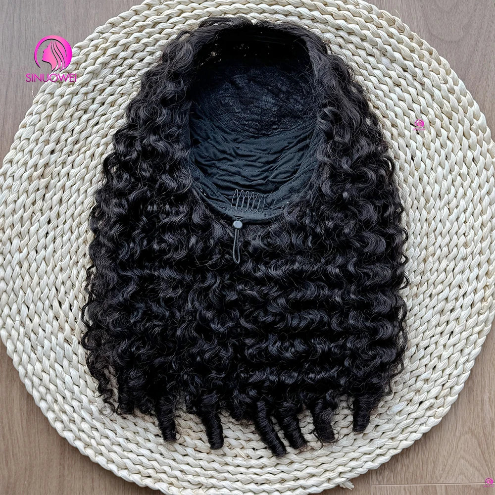 Long Glueless Curly Human Hair Drawstring Wig for Women