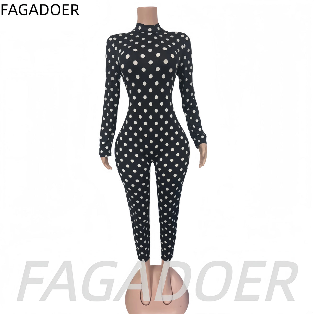 Polka Dot High Neck Long Sleeve Jumpsuit for Women