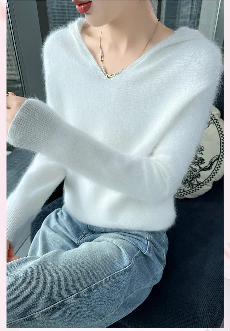 Loose Fit Thick Knit Hooded V-Neck Sweater for Women