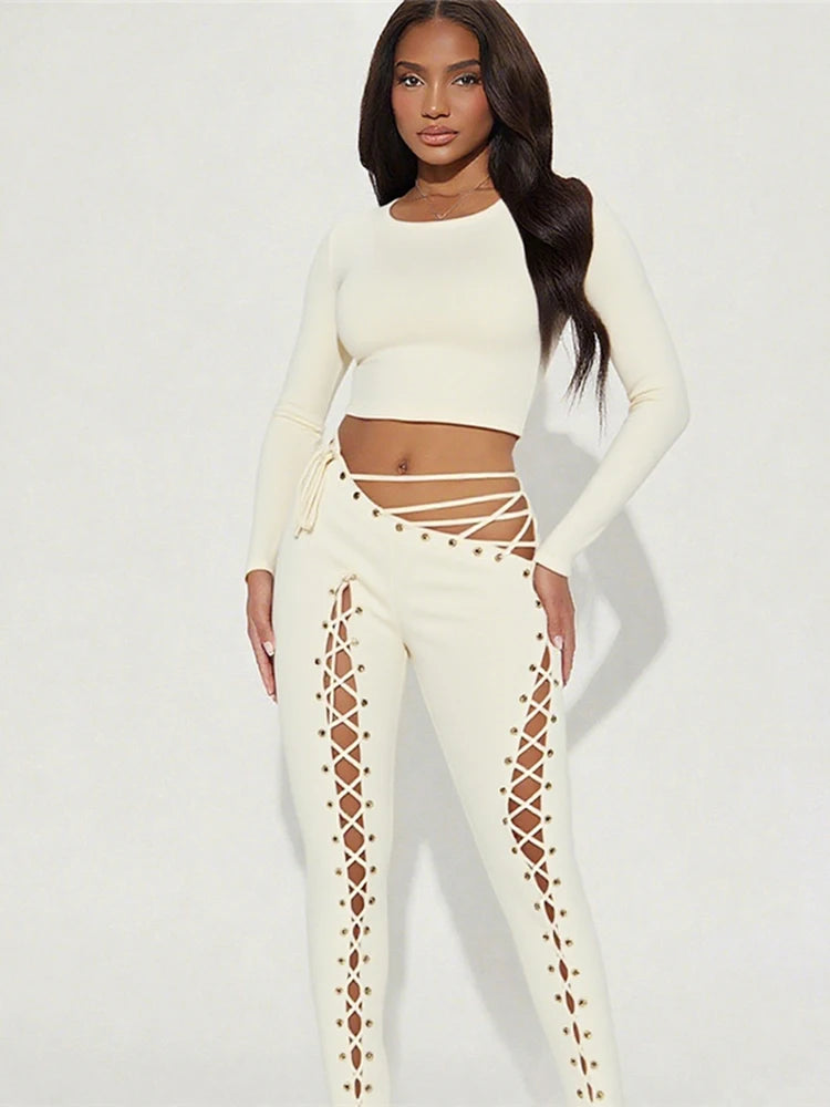 Asymmetrical Crop Top and Shirred Pants Two Piece Set for Women