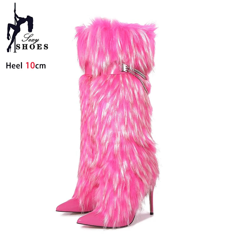 Elegant Faux Fur Knee High Stiletto Boots for Women
