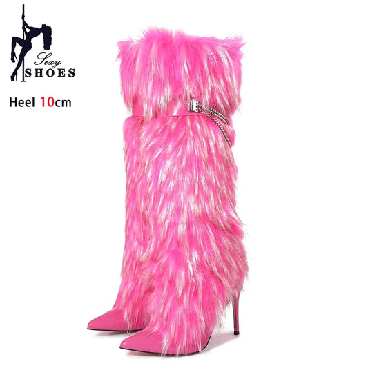 Elegant Faux Fur Knee High Stiletto Boots for Women