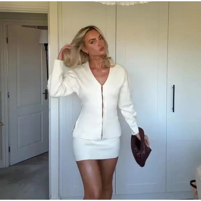 Elegant Knit Two Piece Set With Front Cutout and V Neck For Women