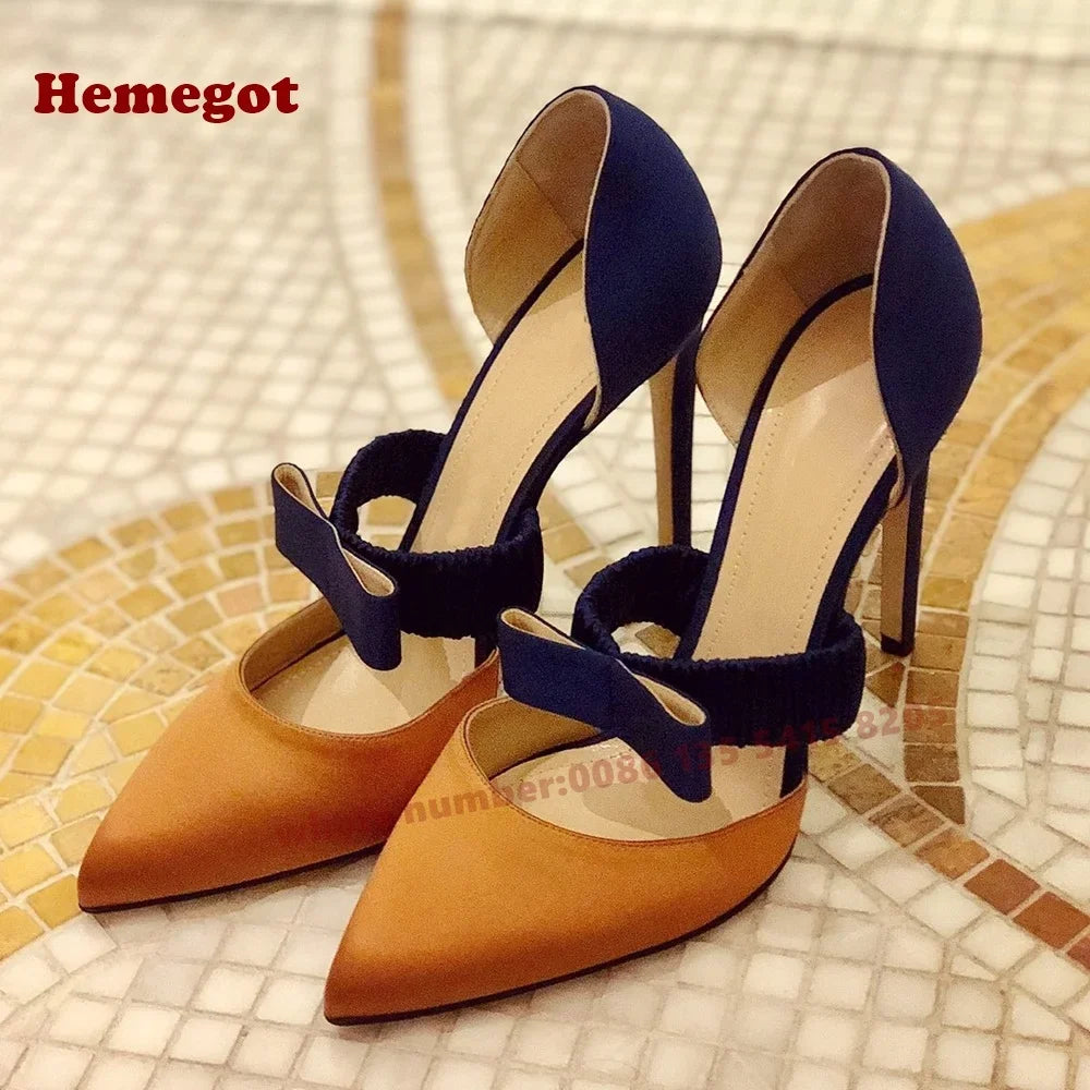 Leopard Bow Detail Blue Satin Pumps Pointed Toe for Women
