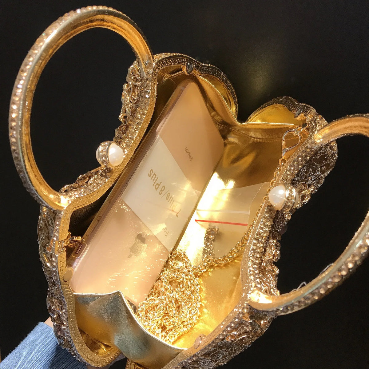 Rhinestone Hollow Metal Evening Clutch Purse for Women
