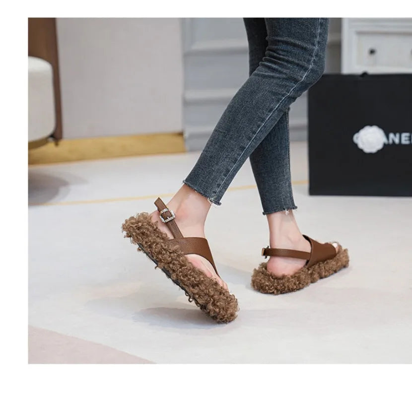 Cozy Plush Buckle Strap Flat Toe Slippers for Women