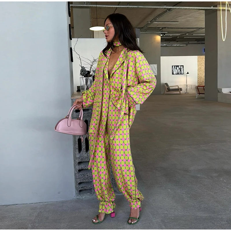 Geometric Printed Wide Leg Loose Pants Set for Women