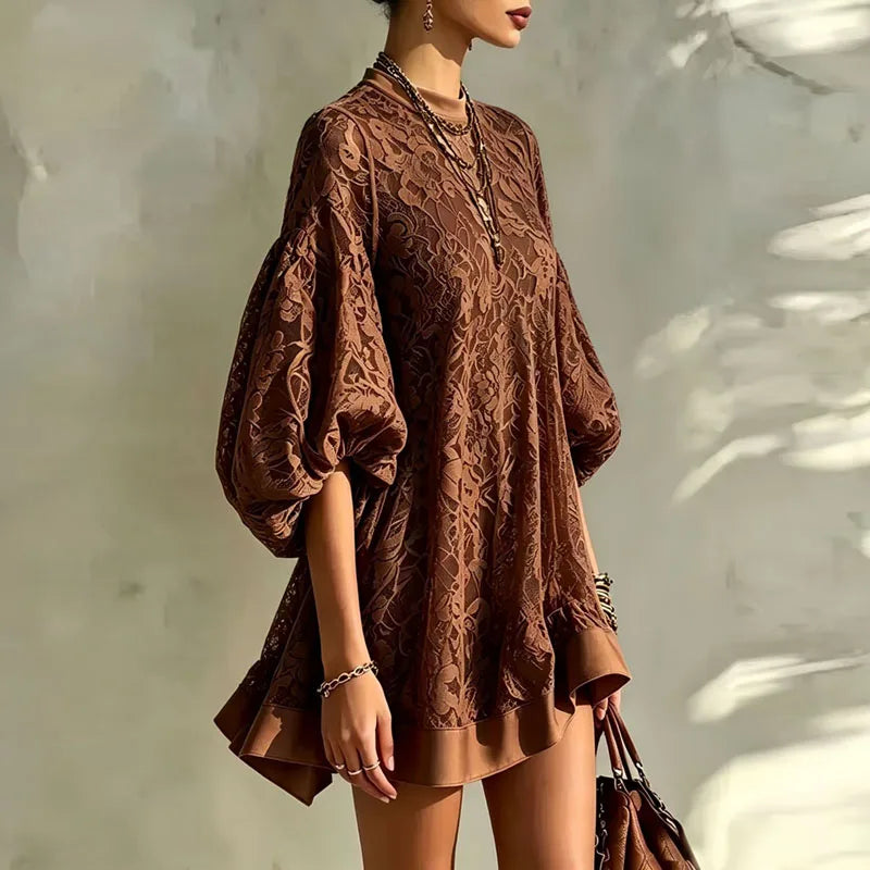 Floral Lace Puff Sleeve Boho Ruffle Mini Dress for Women