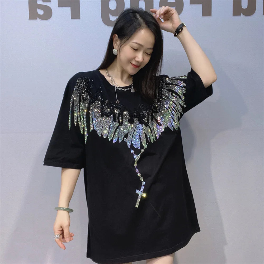 Streetwear New Spring Summer Women Short Sleeve T-shirt Hot Diamonds Wings Mid-long Oversize Pullover Trendy Couple Cotton Tees