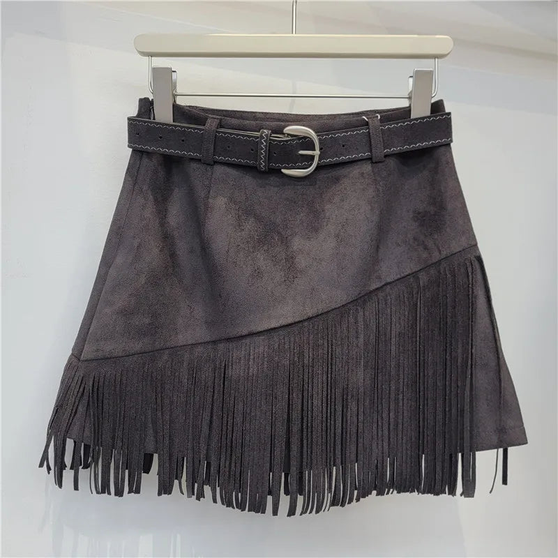 Vintage Brown Irregular Hem Faux Suede High Waist Mini Skirt For Women
