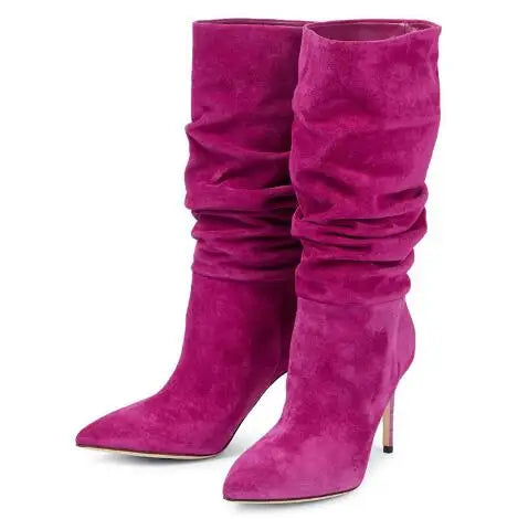 Slip On Pleated Suede Pointed Toe Thin Heel Mid Calf Boots for Women