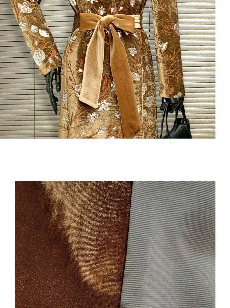 Golden Velvet Adjustable Waist Windbreaker Coat Autumn/Winter New English style Luxury Sequin Embroidered Women's Coat
