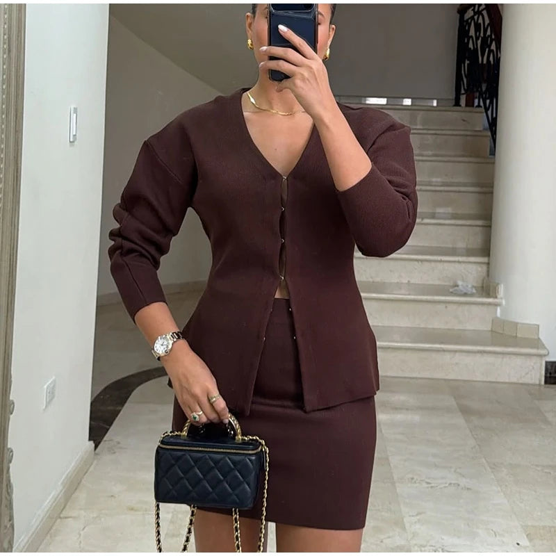 Elegant Knit Two Piece Set With Front Cutout and V Neck For Women