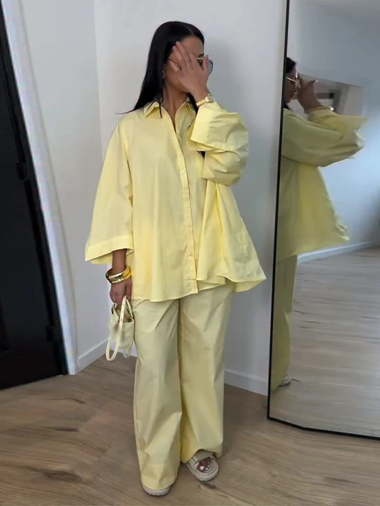 Casual Solid Shirt and Wide Leg Pants Set for Women