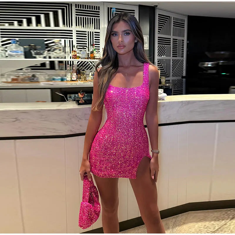 Sleeveless Sequin Mini Dress with High Slit for Women