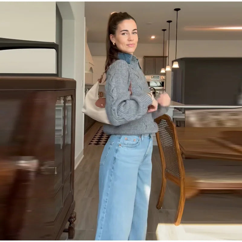 Long Sleeve Denim Collar Half Button Knit Top For Women