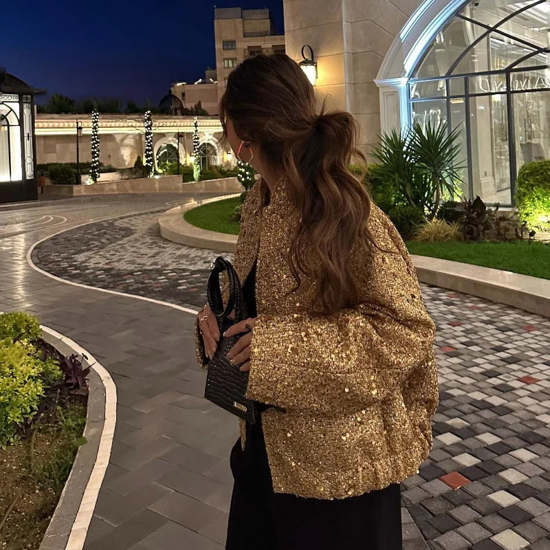 Suninheart Women's Sequined Bomber Jacket Fall O Neck Long Sleeve Pocket Stretch Hem Sequins Jacket Coat Female Chic Outerwear