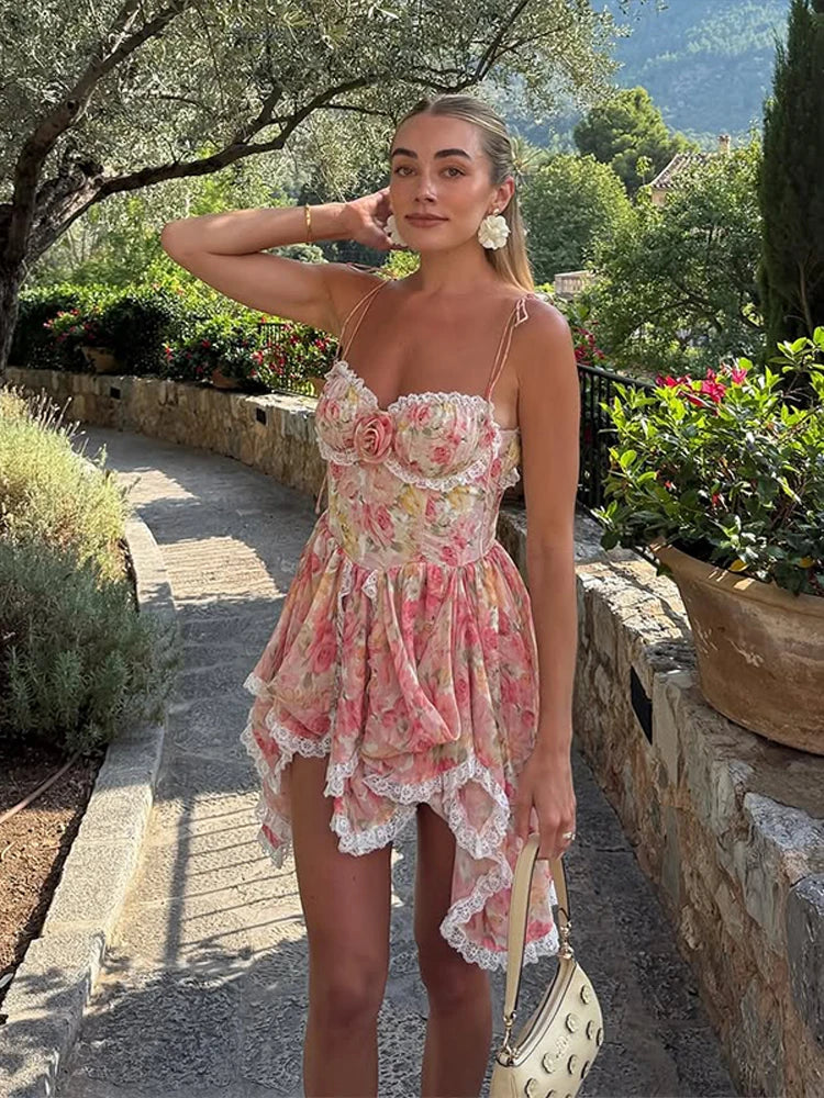 Floral Lace Backless Pleated Party Dress for Women
