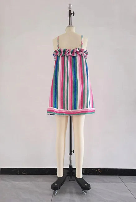 Lightweight Thin Strap Ruffle Trim Striped Mini Dress for Women