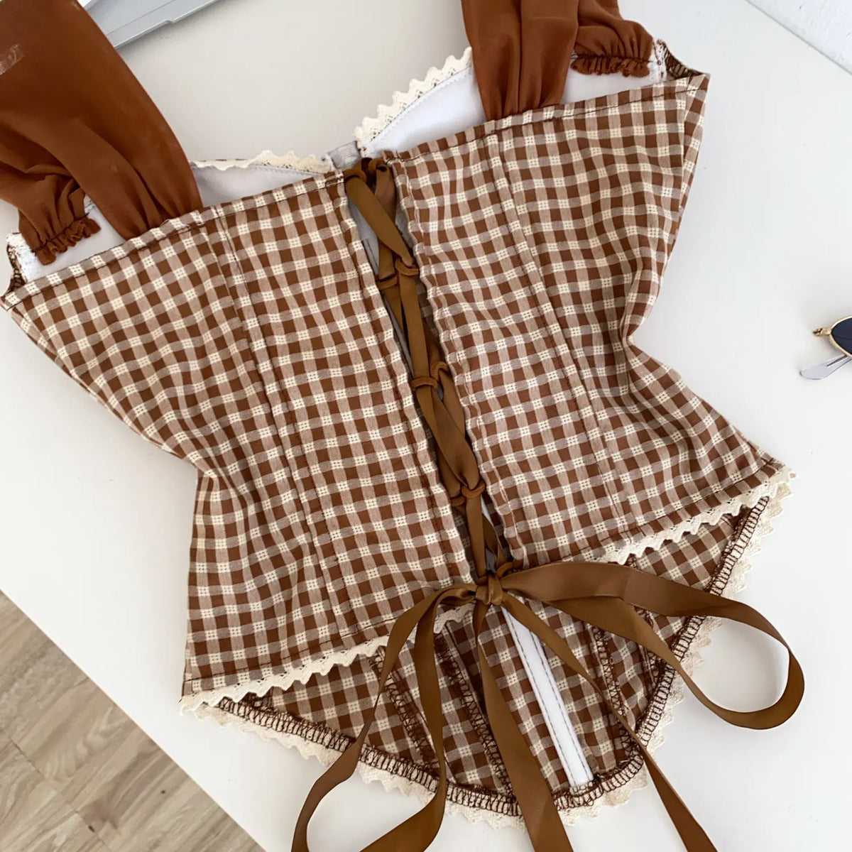 Retro Gingham Lace Up Bustier Corset Top for Women