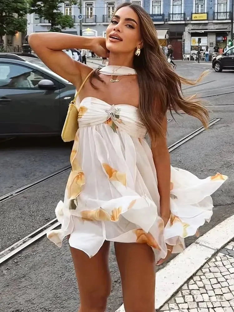 Nibber Backless Metal Starfish Dress Women Low-Nec Chest Wrap Halter Irregular Ruffles Hem Sleeveless Vacation Mini Bodycon