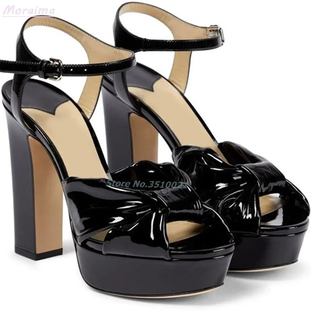 Peep Toe Mirror Leather Knotted Platform Sandals For Women