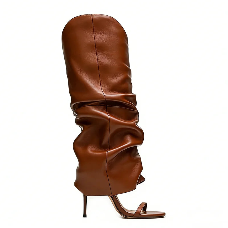 Pointed Toe Knee High Thin Heel Leather Boots for Women