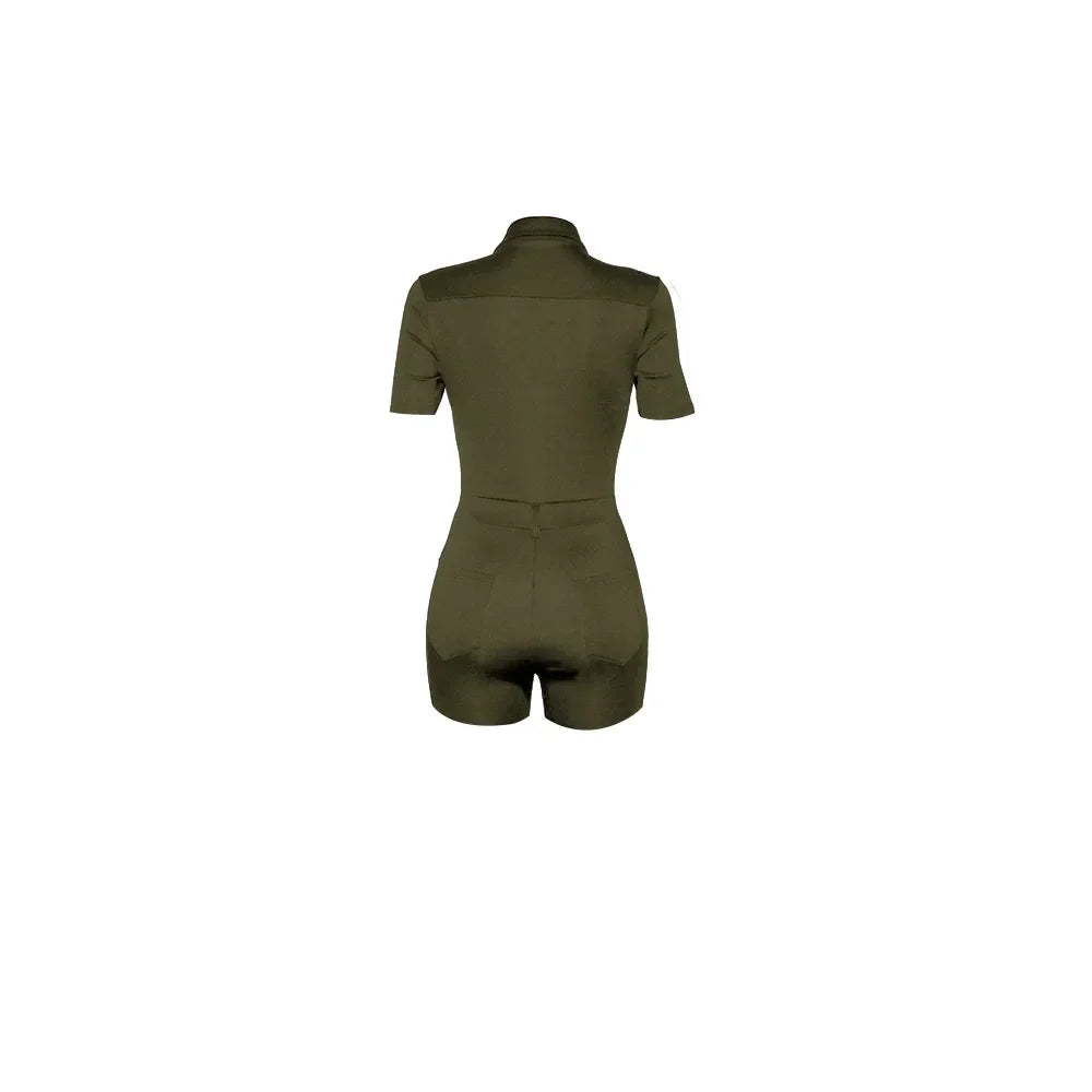 Summer V Neck Mesh Cargo Short Jumpsuit for Women