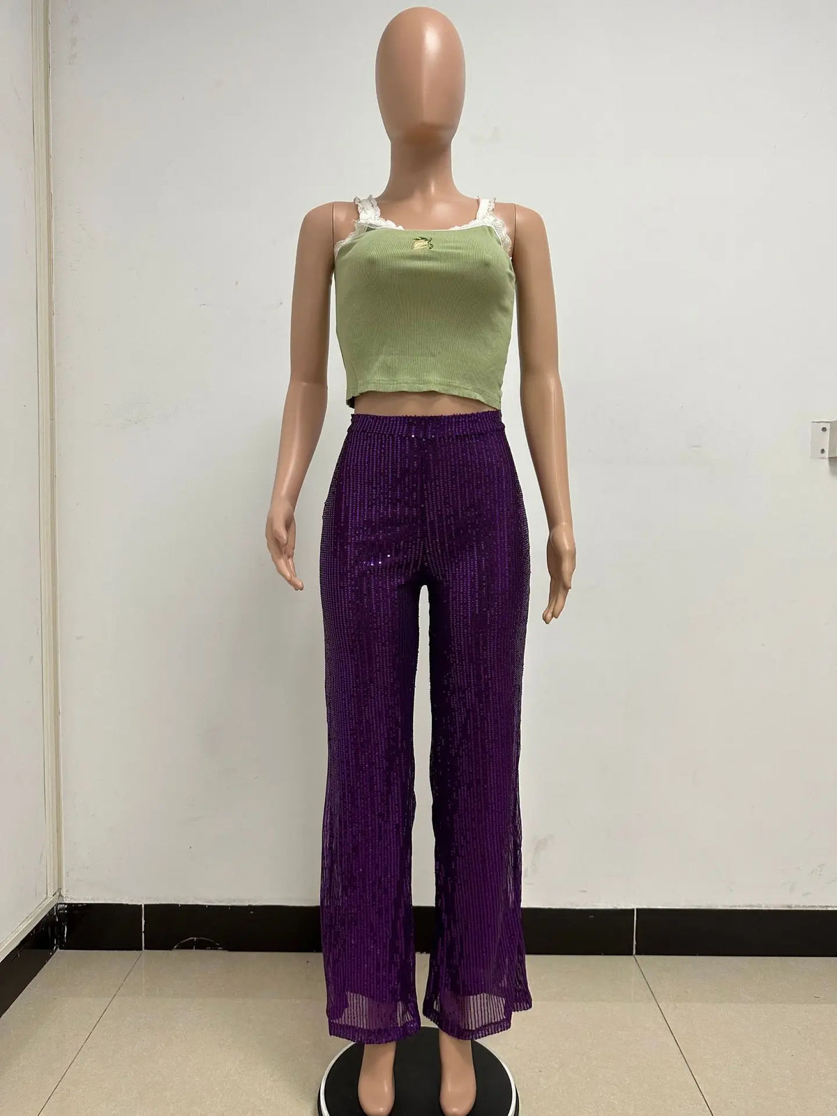High Waist Sparkle Sequin Wide Leg Pants for Women