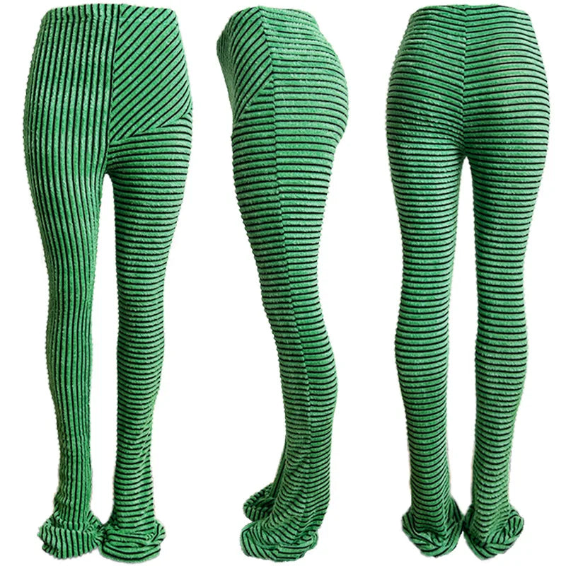 FAGADOER Stripe Plush Stacked Pants Women Casual Solid Color Fur Patchwork Flare Trousers Y2K Female Streetwear Bottoms 2025 New