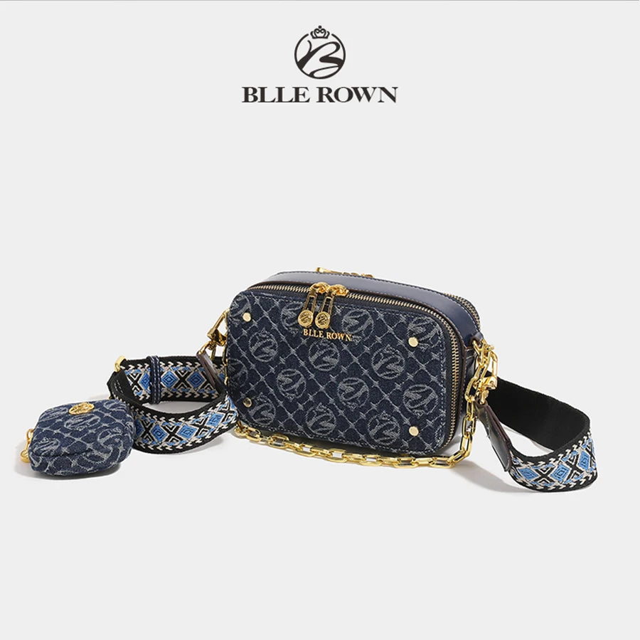 Retro Blue Metal Chain Square Shoulder Bag for Women