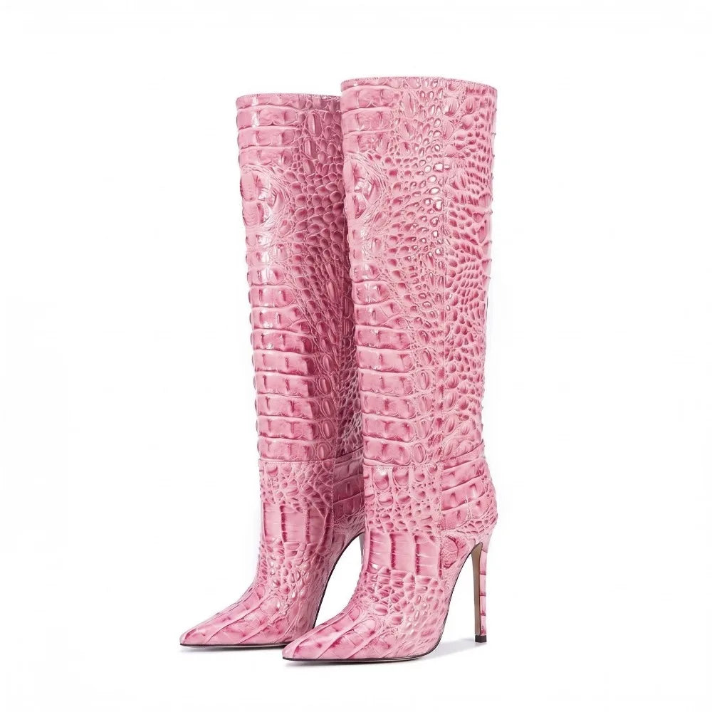 Crocodile Embossed Knee High Stiletto Boots for Women