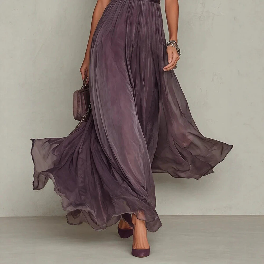 Elegant Lace Trim Chiffon Maxi Evening Dress for Women