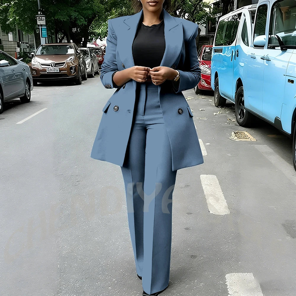 High Quality Women Suits Double Breasted Straight Formal 2 Piece Jacket Pants Peak Lapel High Street Daily Office Casual Suit
