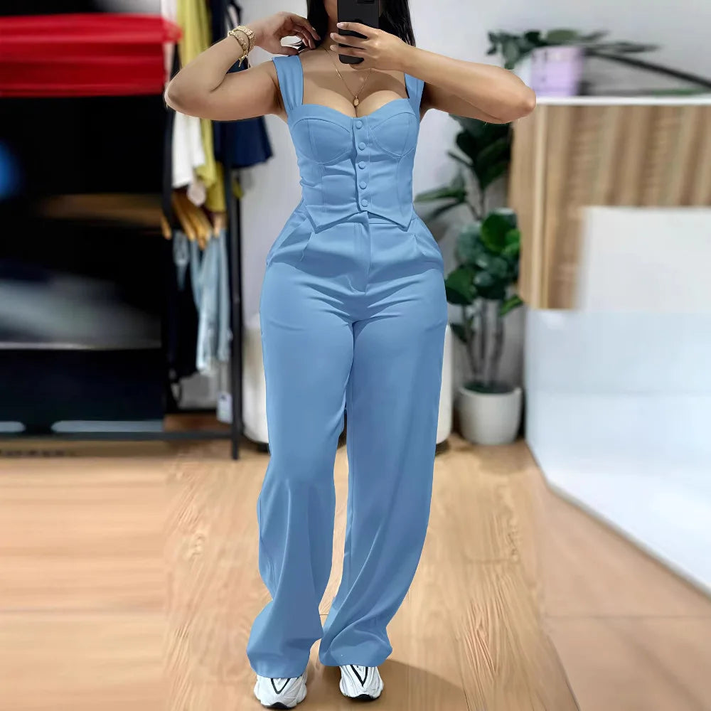 Elegant Solid Color Strapless Suspender Vest Trousers Two-Piece Set for Women