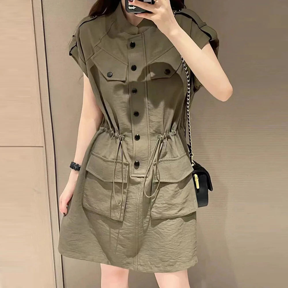 European Retro Stand Collar Drawstring Midi Dress for Women