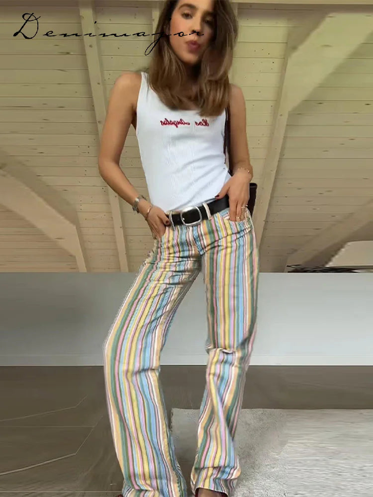 Color Block Rainbow Stripe Wide Leg Jeans for Women