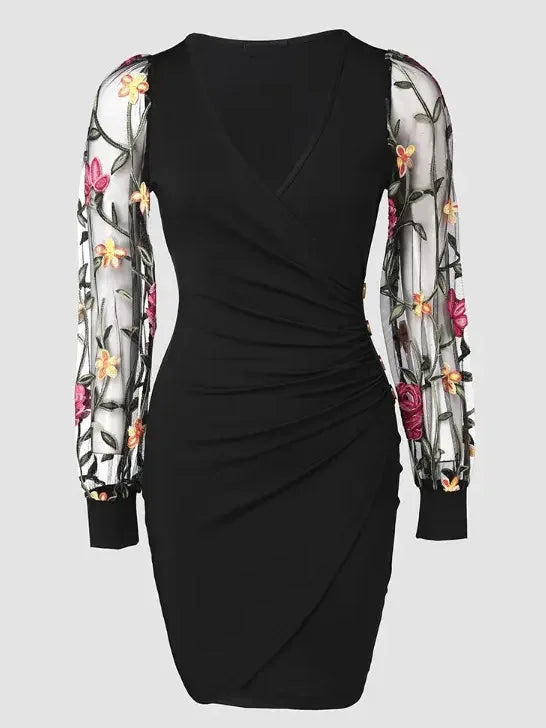 Floral Embroidered Mesh Sleeve Midi Dress for Women