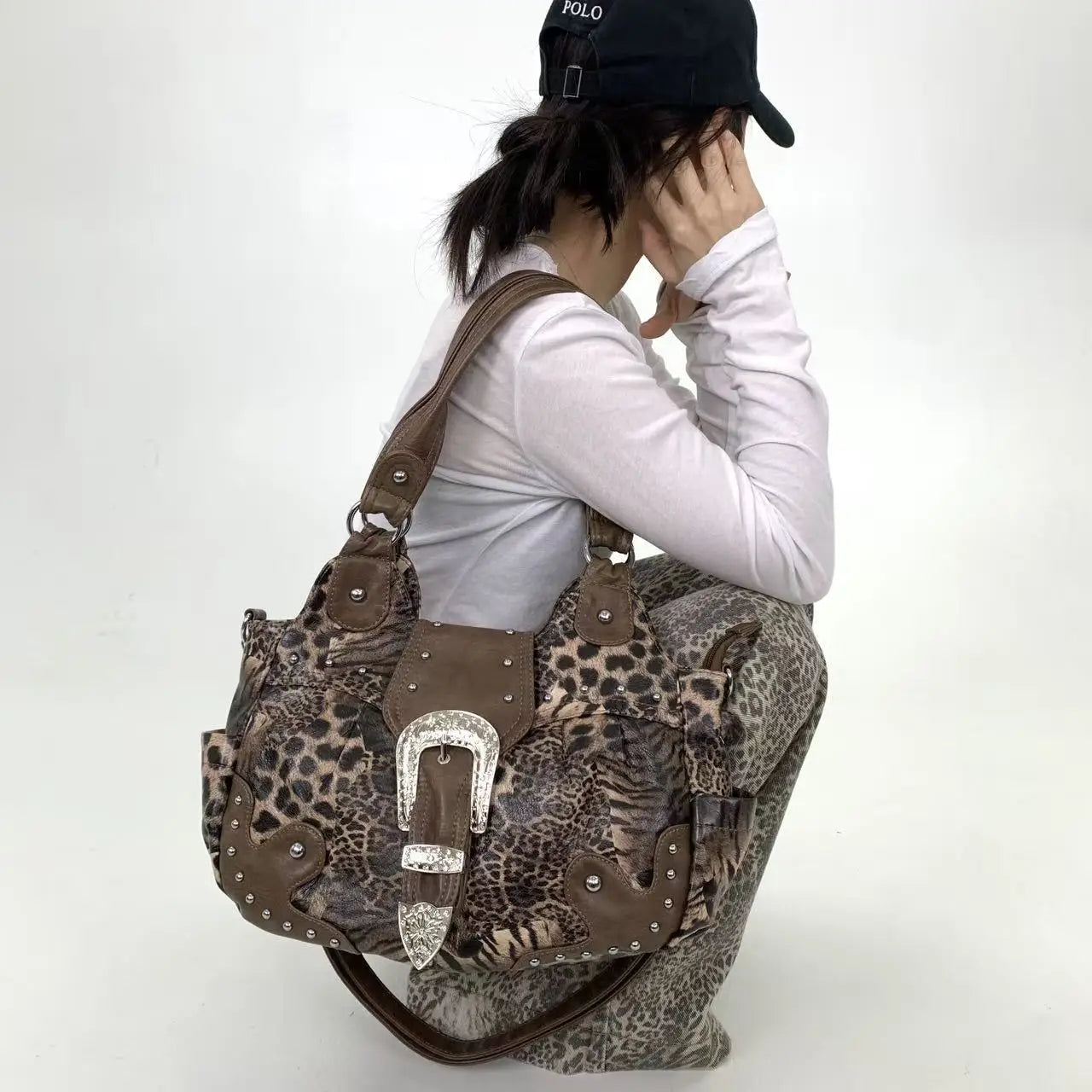 Leopard Print Patchwork Tote Bag with Pockets for Women