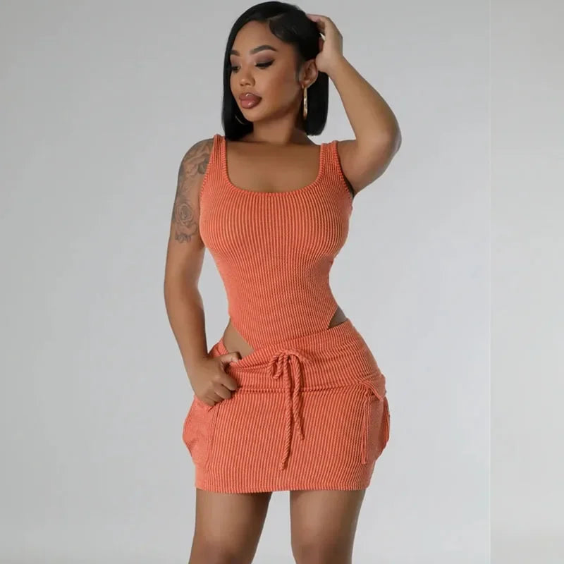 Ribbed Knit Tank Top And Mini Skirt Outfit for Women