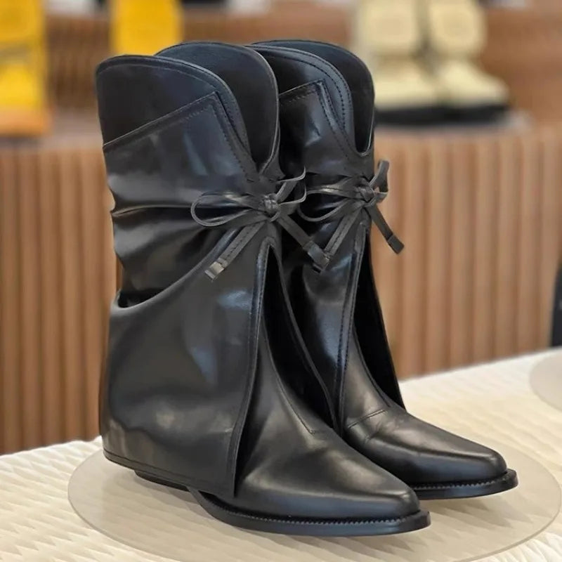 Pointed Bowknot Mid Calf Western Cowboy Boots for Women