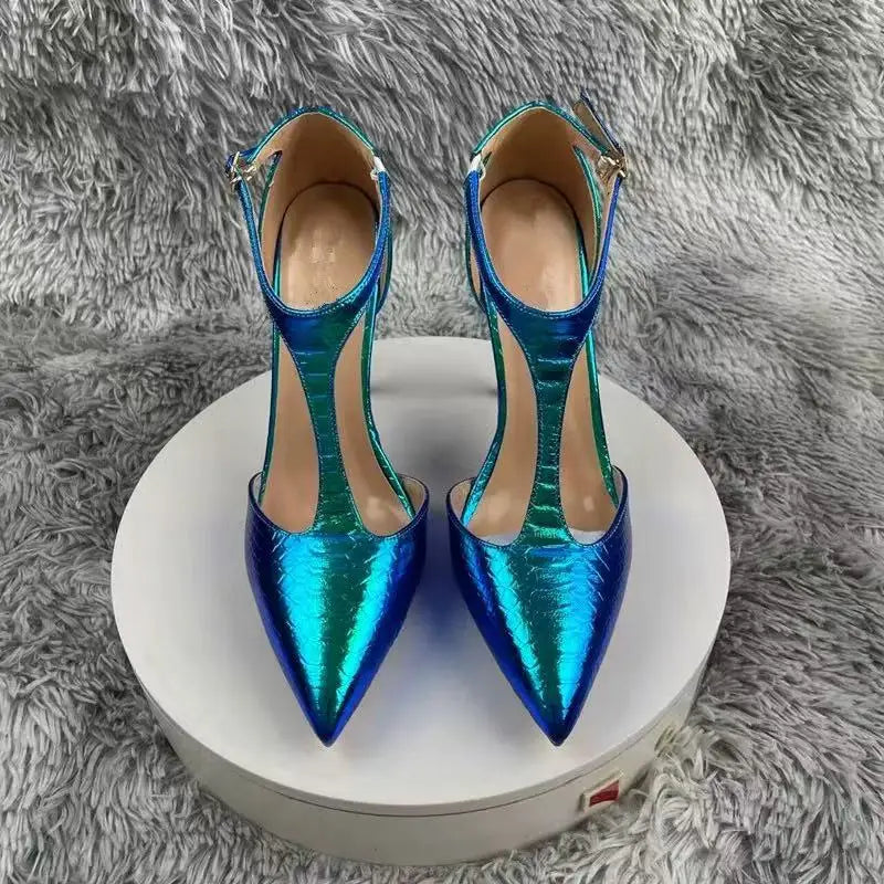 Gradient Purple T Strap Pointed Toe High Heel Pumps for Women